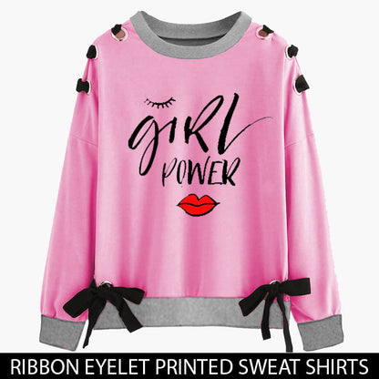 PINK RIBBON EYELET PRINTED SWEAT SHIRT