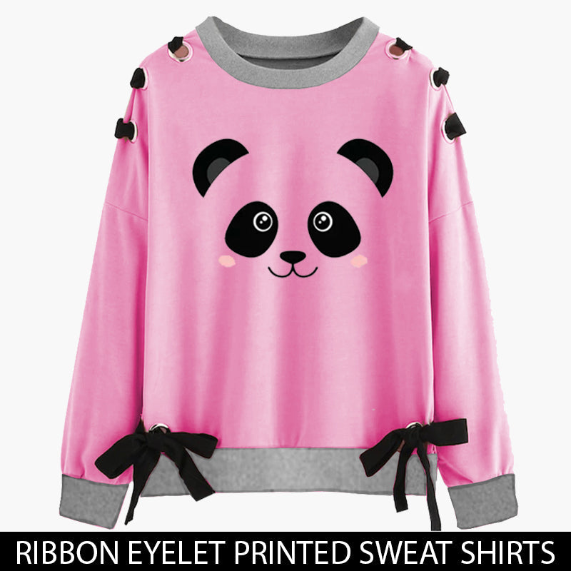PINK RIBBON EYELET PRINTED SWEAT SHIRT