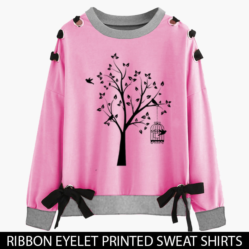 PINK RIBBON EYELET PRINTED SWEAT SHIRT