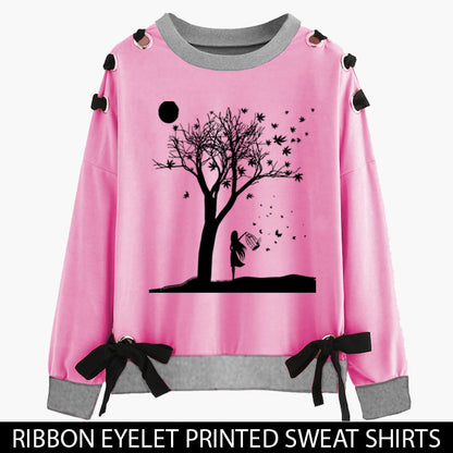 PINK RIBBON EYELET PRINTED SWEAT SHIRT