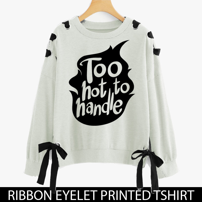 RIBBON EYELET PRINTED SWEAT SHIRTS ( TOO HOT TO HANDLE )