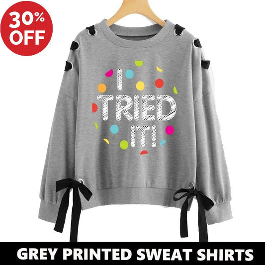 11-ELEVEN SALE: GREY RIBBON EYELET PRINTED SWEAT SHIRT ( I TRIED IT PRINT )
