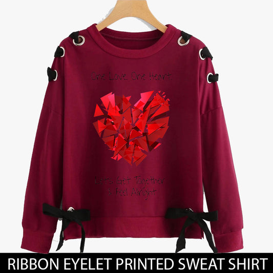 RIBBON EYELET PRINTED SWEAT SHIRTS ( ONE HEART ONE LOVE )