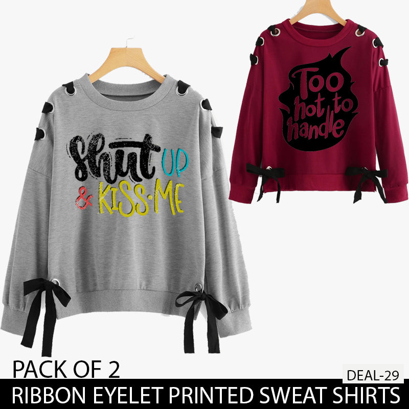 PACK OF 2 RIBBON EYELET PRINTED SWEAT SHIRTS ( DEAL 29 )
