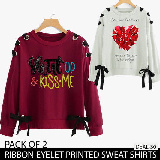 PACK OF 2 RIBBON EYELET PRINTED SWEAT SHIRTS ( DEAL 30 )