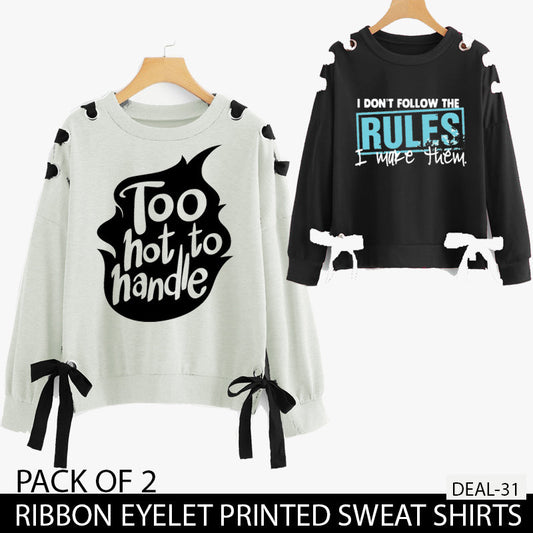 PACK OF 2 RIBBON EYELET PRINTED SWEAT SHIRTS ( DEAL 31 )